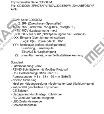 CD3000M 2PH/75A/480V/480V/300:530V/4-20mA/BF008/NF/IM CD AUTOMATION