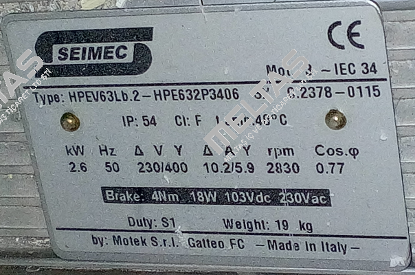 HPE632P3406 , HPEV 63LB 2.6kW 2P 230/400V-50Hz B34 F0 SX IP54  Seimec (Rossi)