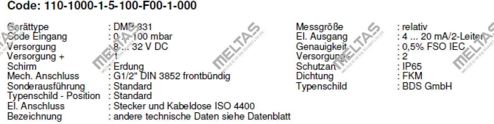 DMP331 Code:110-1000-1-5-100-F00-1-000 Bd Sensors