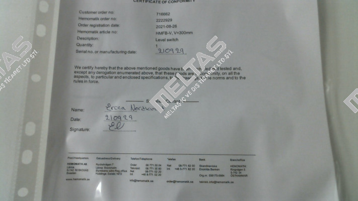 CERTIFICATE OF CONFORMITY  Hemomatik