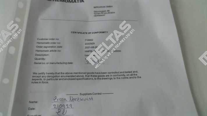 CERTIFICATE OF ORIGIN Hemomatik