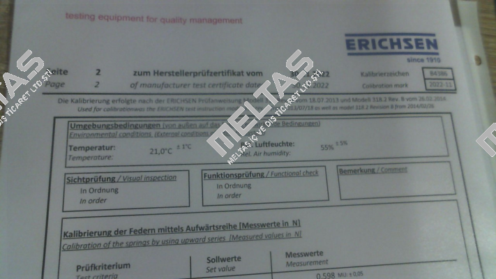 Calibration certificate for 00200131 Erichsen