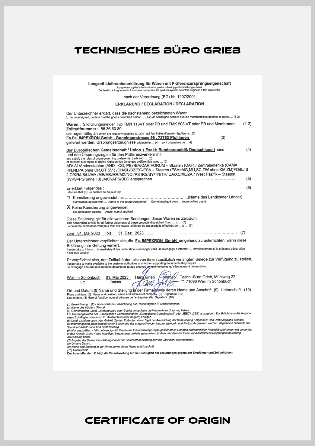 Certificate Of Origin Technisches Büro Grieb