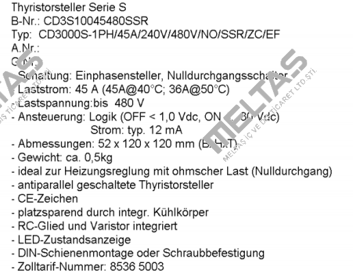 CD3S10045480SSR, Type CD3000S-1PH/45A/240V/480V/NO/SSR/ZC/EF  Mesa